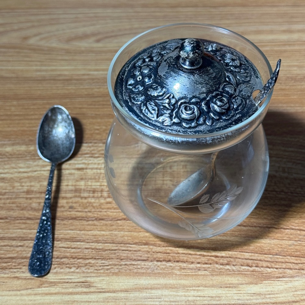 Stieff Rose Sterling Silver Jam Jar Lid and Spoons Set Cystal Etched Jar